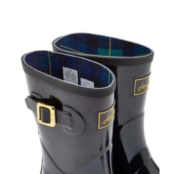Joules Welly Rain Boot Kelly Gloss Black Back Gold Stripe New in Box - Picture 3 of 6